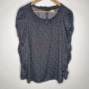 Max Studio Womens Black Polka Dot Blouse Size XL Ruched Long Sleeves Keyhole